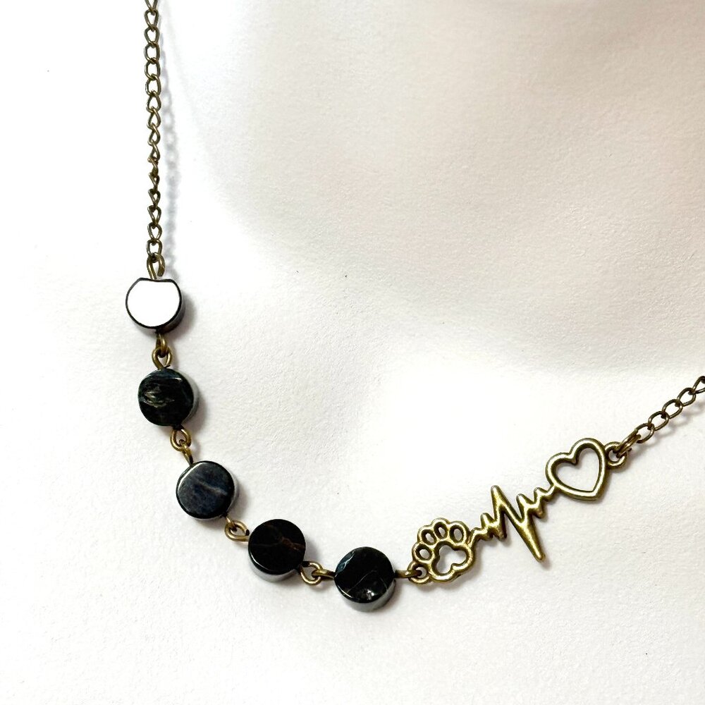 2/$20, Genuine Dark Tigers Eye & Paw Print Heart Beat Mismatched Bronze Necklace